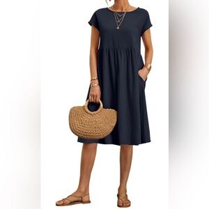 Navy Casual Midi Sundress with Crew Neck, Large